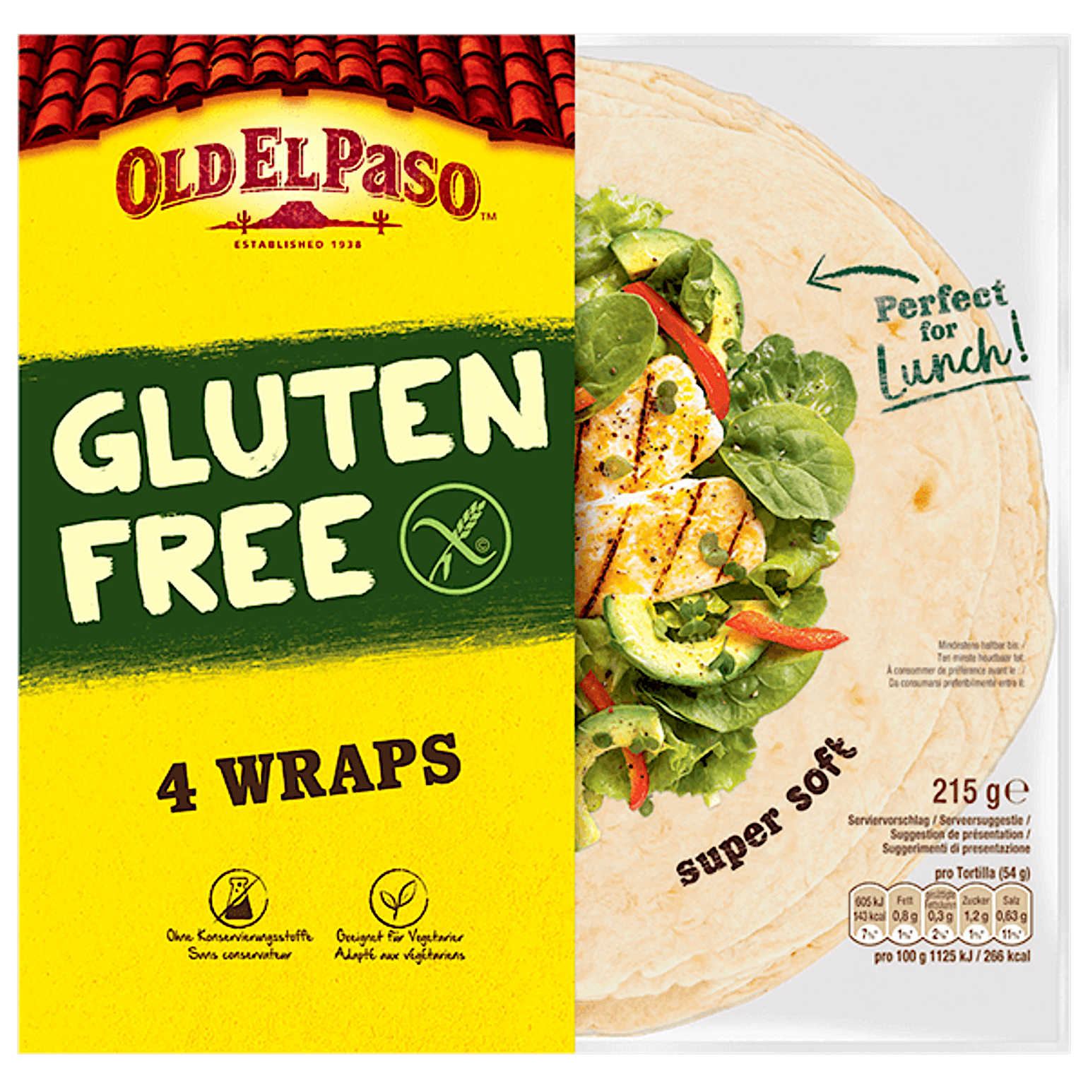 eine Packung glutenfreie Tortillas Old El Paso 4 Wraps, 215g